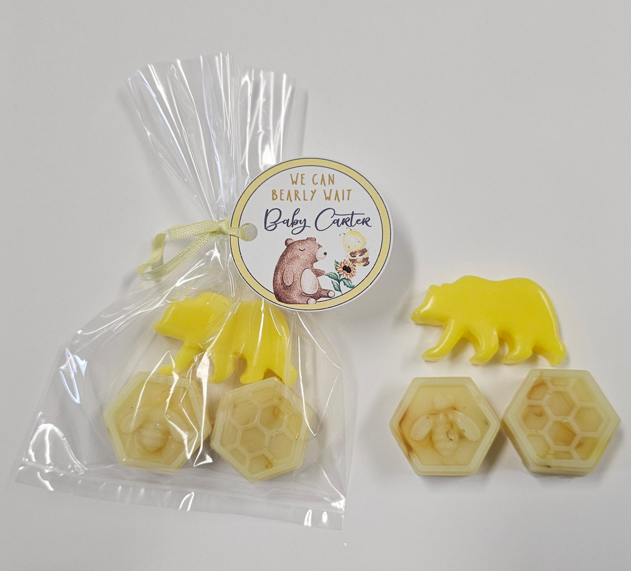 bear with bee soap party favor with personalized tags